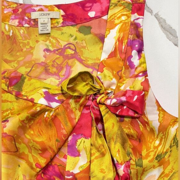 J. Crew | Yellow Pink Floral Print Silk Asymmetric Tie Women’s Sleeveless Blouse - Picture 6 of 13